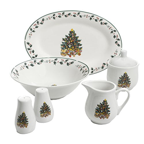 Gibson Home Christmas Tree Trimming 7 Piece Porcelain Serving Set in