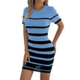 thumbnail image 4 of Womens Bodycon Mini Dress Striped Short Sleeve Ribbed Knit Slim Fit Vacation Long Blue S, 4 of 9