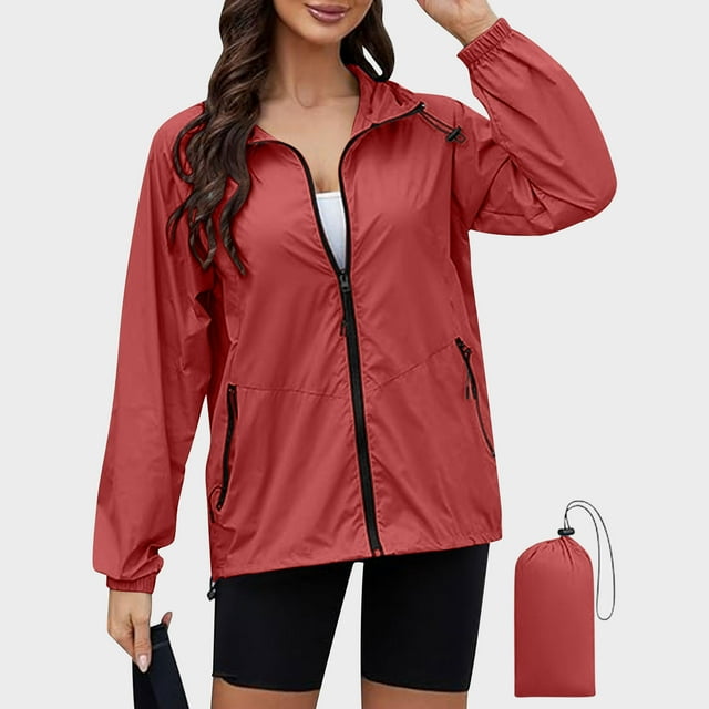 YUTK Veste de Pluie Imperméable pour Femmes avec Capuche, Veste de Pluie Légère à Fermeture Éclair, Manteaux à Manches Longues avec Capuche, Imperméable avec Poches et Sac de Rangement (Rouge, G)