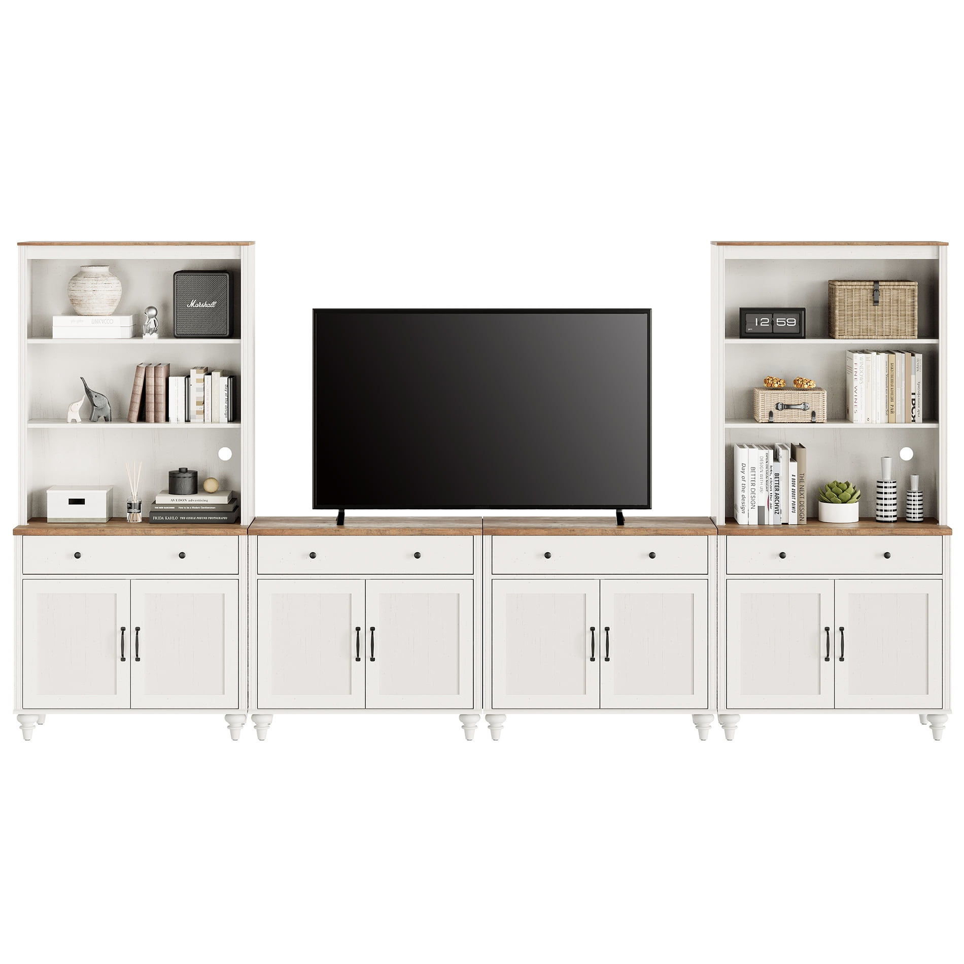 Entertainment Center with Bookshelves for TVs up to 75", Farmhouse Wall Unit TV Stand with 8 Doors & 4 Drawer, Media Console Table for Living Room, Bedroom & Home Theater, Off White