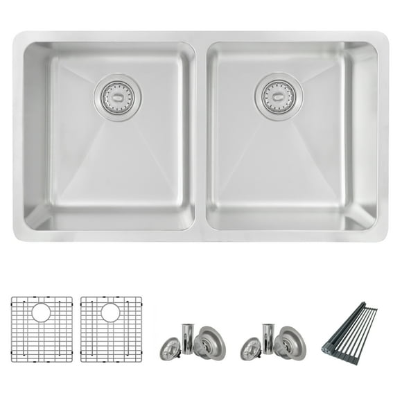 STYLISH Dual Mount 32 inch Stainless Steel Double Bowl Kitchen Sink With Trivet