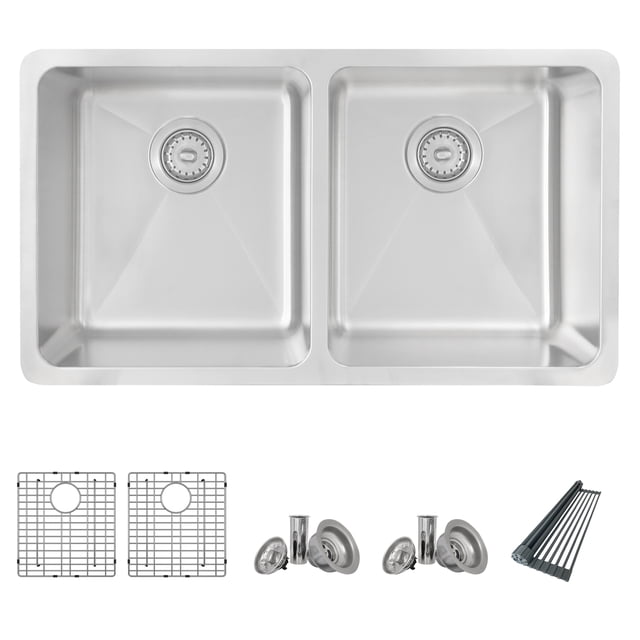 Azuni Dual Mount 32" Stainless Steel Double Bowl Kitchen Sink with 5 Accessories C233