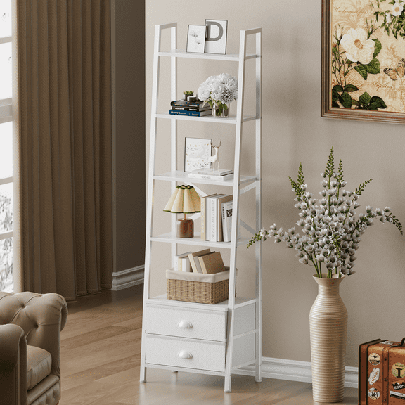 Tydimor 5-Tier 59.5" Ladder Bookshelf with Removable Drawers Narrow Bookcase for Living Room,Black Oak