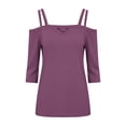 thumbnail image 4 of thefmos Women Plus Size Fall Winter Cold Shoulder 3/4 Sleeve Tops Solid Basic Pullover Tee Shirts Dressy Casual Loose Blouses Trendy Vacation Clothes, Purple S, 4 of 5