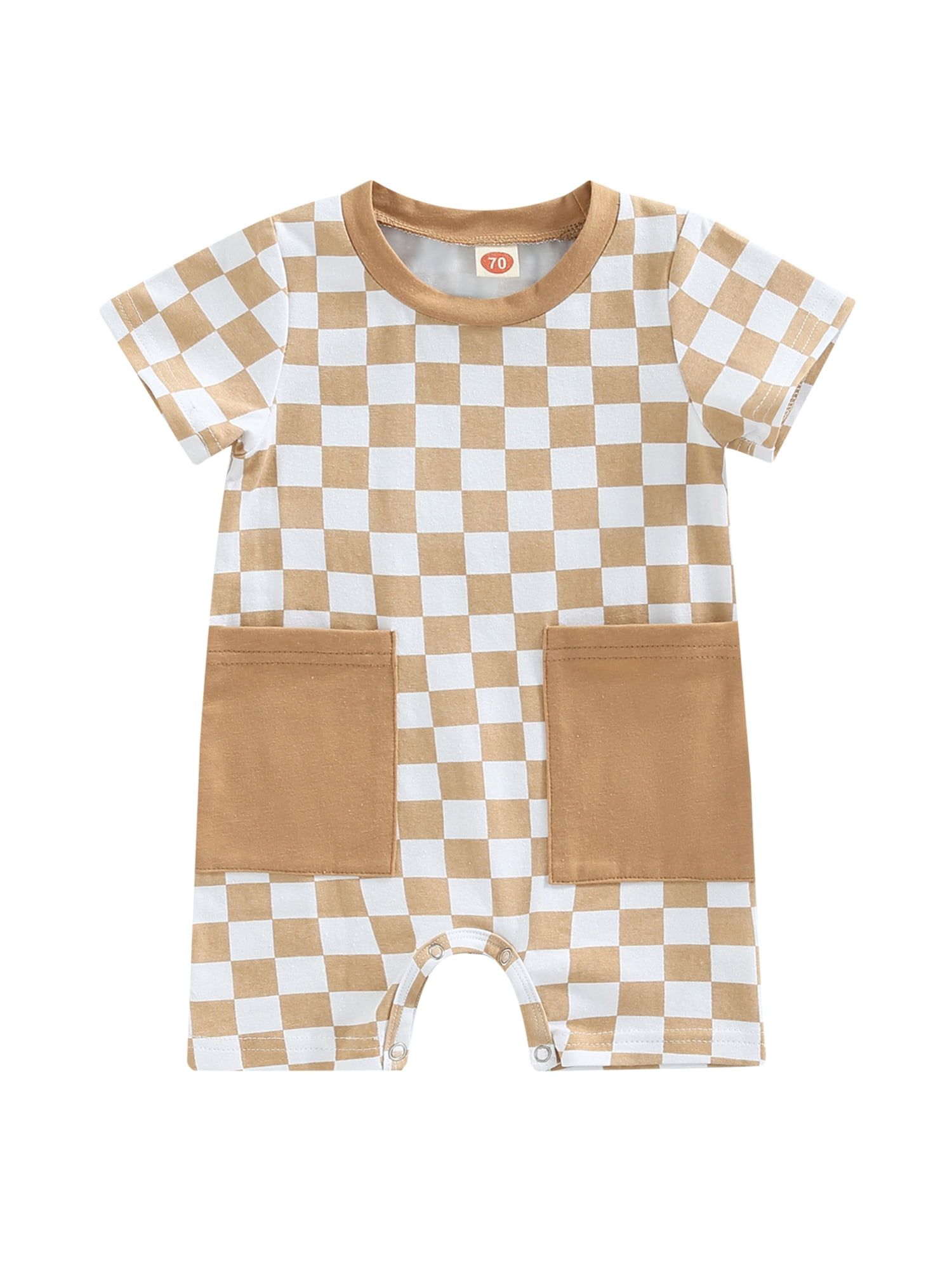 Newborn Baby Boys Jumpsuit Checkerboard Plaid Print Short Sleeve