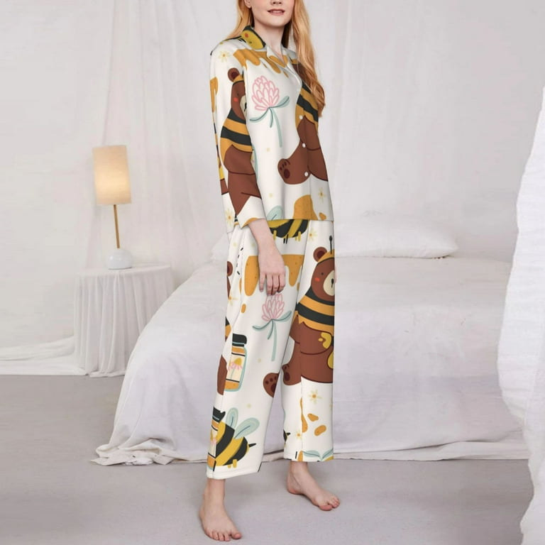 Junzan Cute Bee Honey Jar Hive Bear Print Womens Pajama Sets Long Sleeve Button Down For Women Pjs 2 Piece