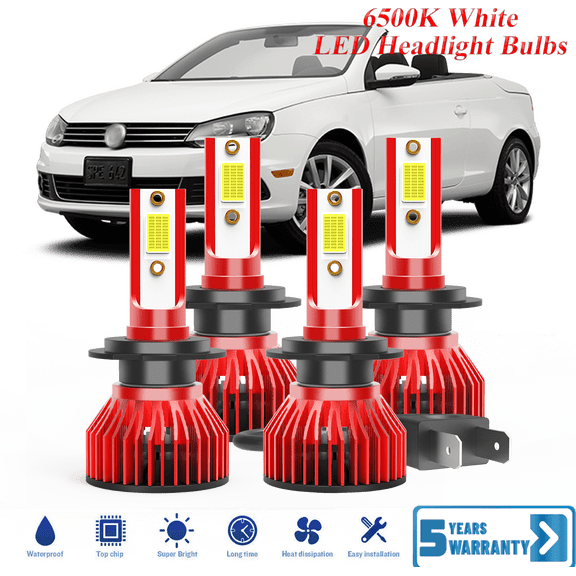 For Volkswagen Eos 2007-2015 H7+H7 LED Headlight Bulb Kit High Low Beam - 30,000LM 6500K Cool White 600% Ultra-Bright Bulb, Plug & Play
