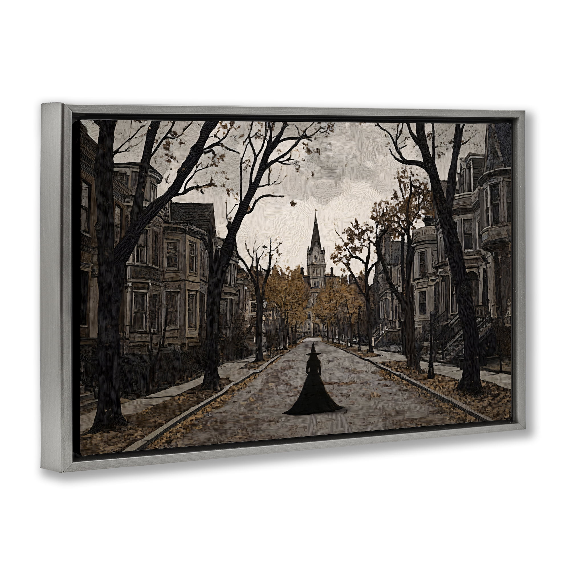 Stupell Industries Witch Strolling Town Streets Gray Framed Floater Canvas Wall Art, design by Jacky Ngan