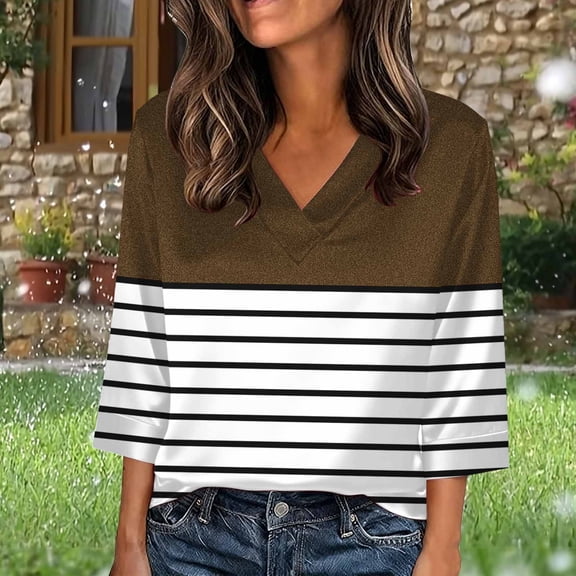 ylioge Satin T Shirts for Women Plus Size S-5X 3/4 Sleeve V Neck Tees Tops Womens Casual Color Block Pullover Basic Going-Out Work Blouses Top