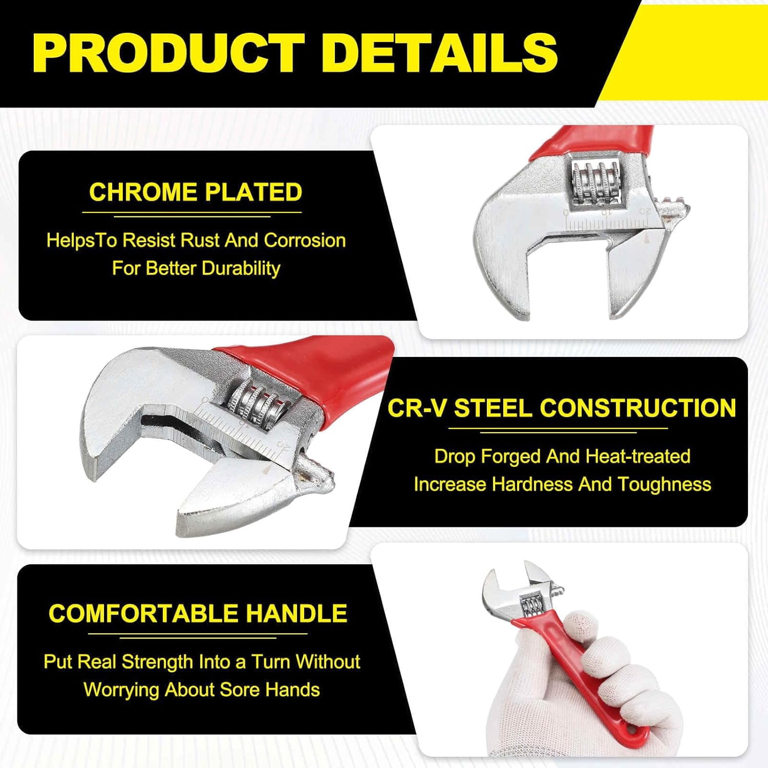 MKEUDQ-Adjustable Wrench 6" High Carbon Steel Industrial Wide Jaw Wrench Adjustable Repairs Spanner Tool with Graduated Scale for Home Garage Workshop Plumbing, Red