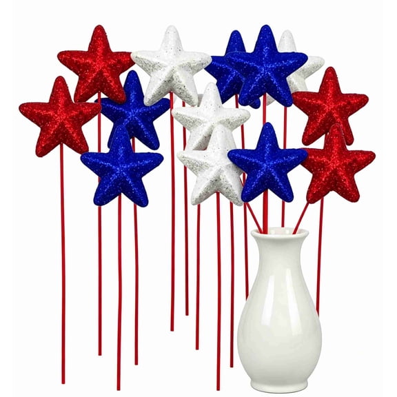 12 Pcs Glitter Star Pick 8.66'' Sparkly Twinkle Star Stem 4th of July Patriotic Puffy Foam Decoration Stars Flower Arrangements Baby Shower Wedding Centerpieces, Red White Blue