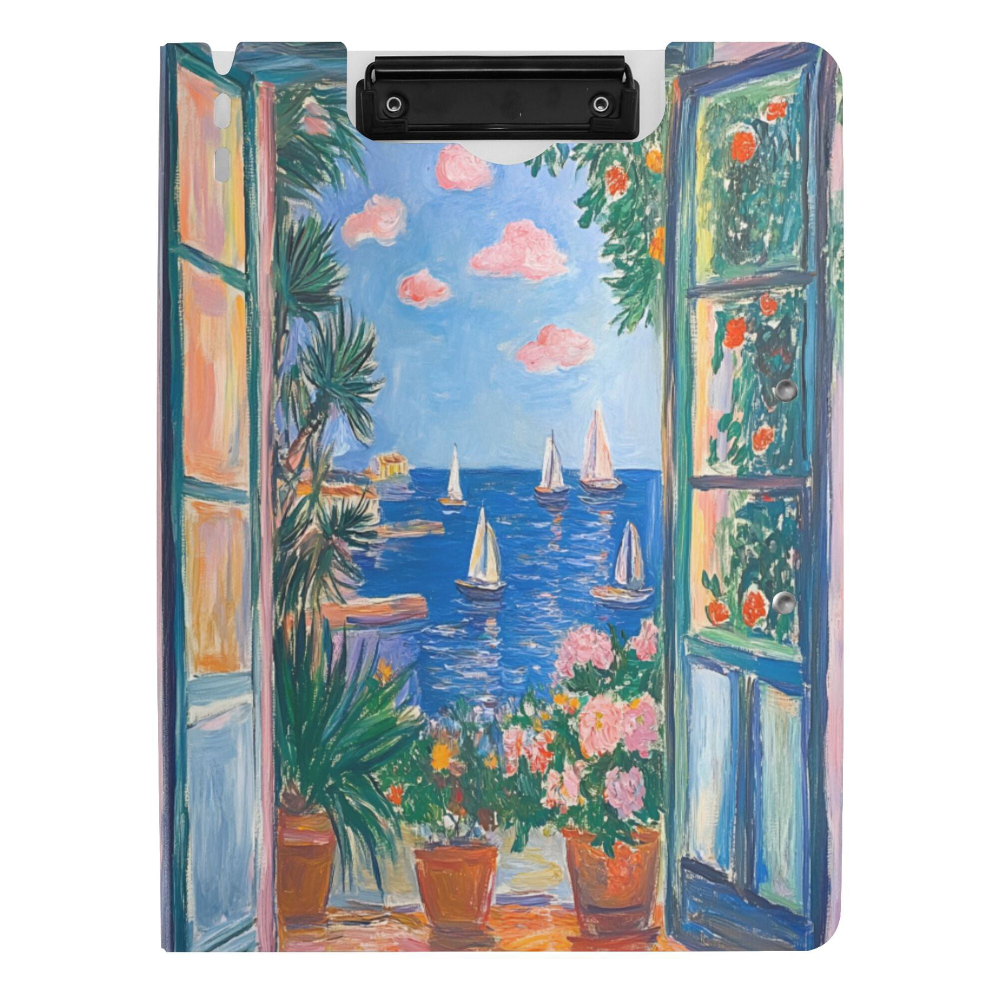 FORMRS A4 Clipboard Folder with Pen Holder Horizontal Foldable School Office Binder, Sea Window