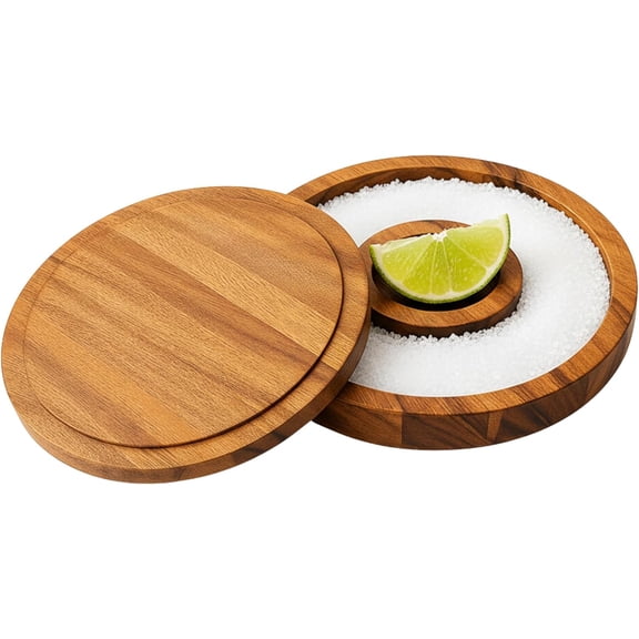 OVENTE Margarita Salt and Sugar Rimmer with Lid, Acacia Wood Glass Rimmer for Cocktail Drinks, Mess-Free Bar Salt Container, Bartender Tool for Coating Mojito, Bloody Mary and More, Brown AWCR616B