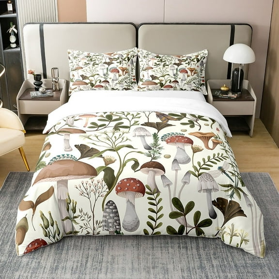 Erosebridal Wild Mushroom King 100% Cotton Duvet Cover Outdoor Natural Plants Bedding Set Lovers Botanical Rustic Comforter Cover Vintage Flowers Woodland Mushrooms Bed Sets with 2 Pillow Shams,White