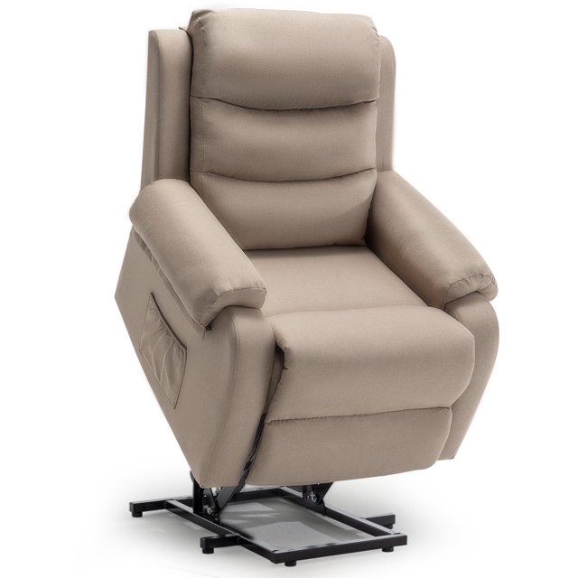 Korser Small Power Lift Recliner Chair for Elderly with Memory Function, upholstered in khaki linen fabric. Features a power lift assist mechanism, reclining angles up to 140°, high-density sponge cushioning, and side storage pockets. Supports up to 300 lbs and fits living rooms, reading nooks, or lounges.