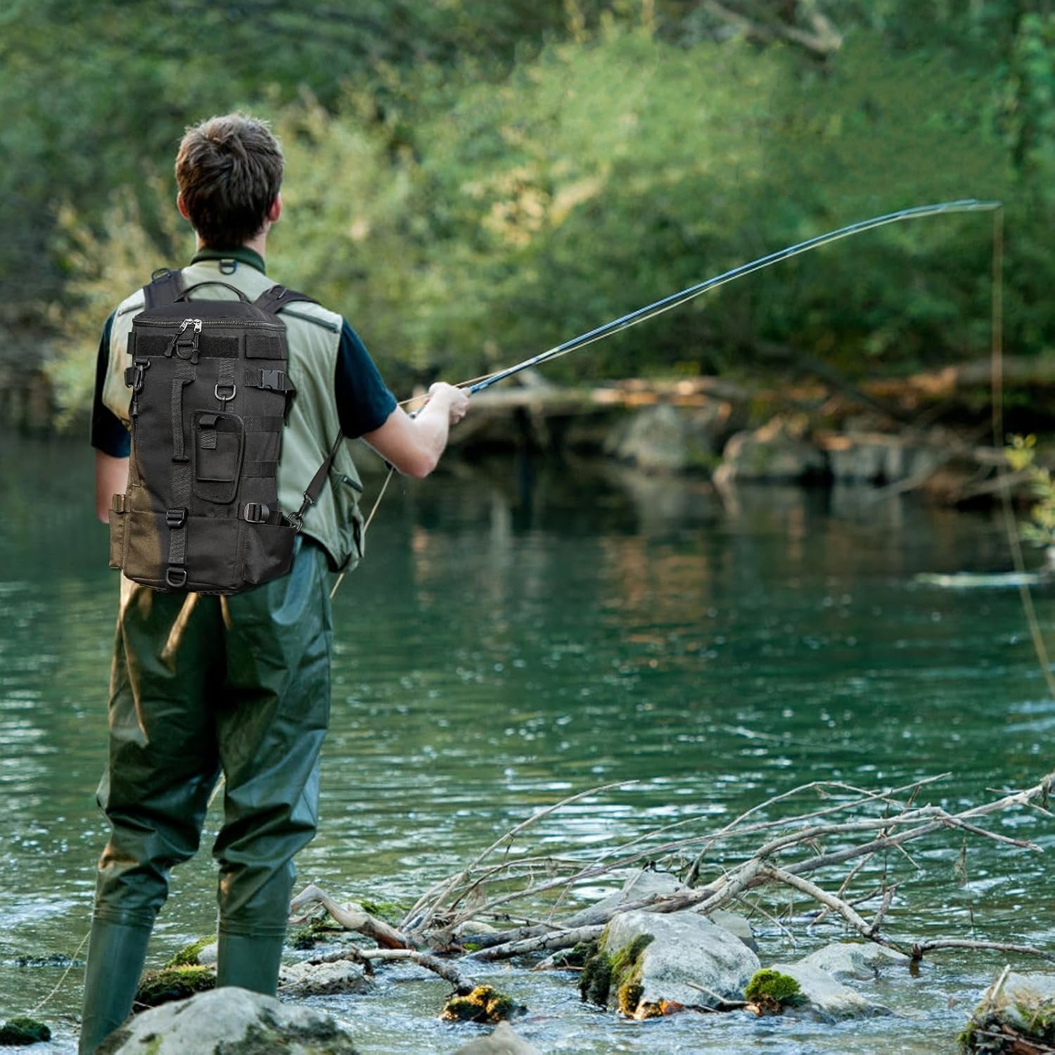 Fishing Backpack Tackle Bag, Kvago Fishing Bag Shoulder Bag with Rod Holders, Storage Bag for Outdoor Activities, Fishing, Camping, Hiking, Cycling (8.27 x 6.69 x 16.93 in, Black)
