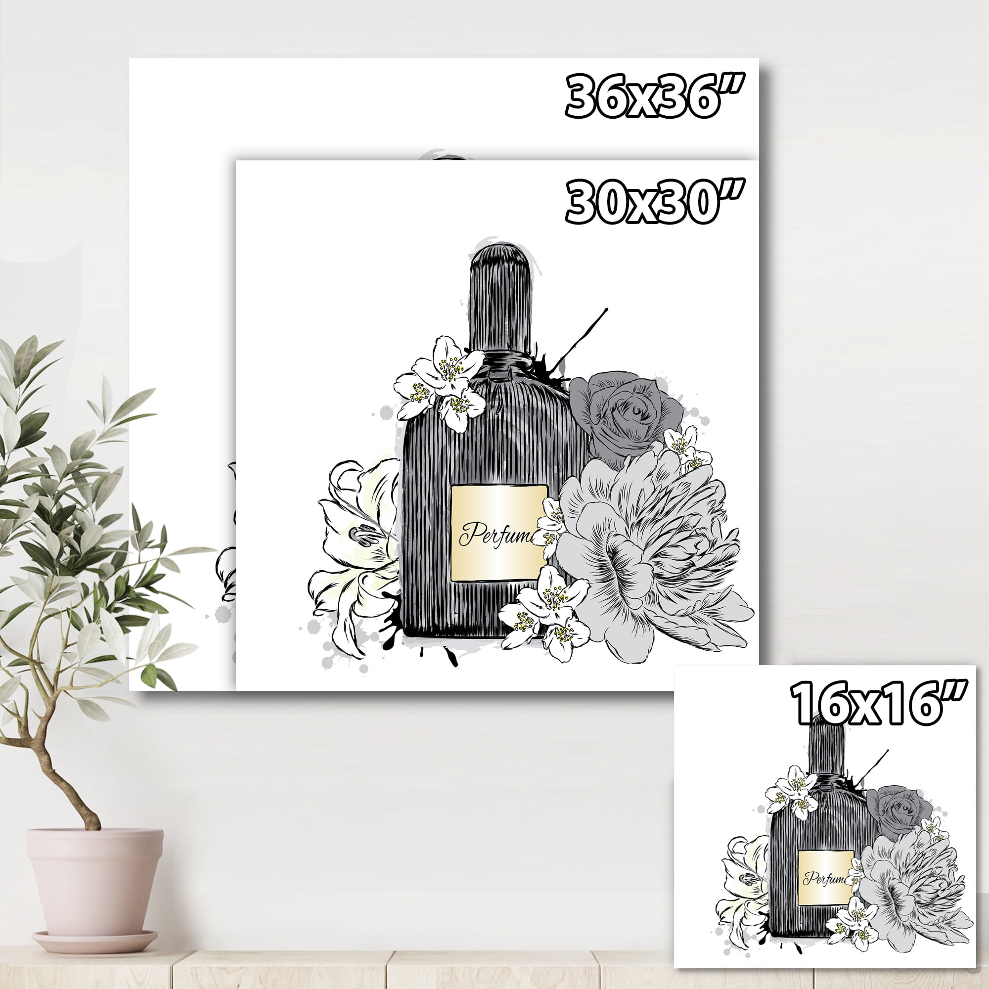 Bouquet of Flowers and Perfume Bottle III 16 in x 16 in Painting Canvas Art Print, by Designart