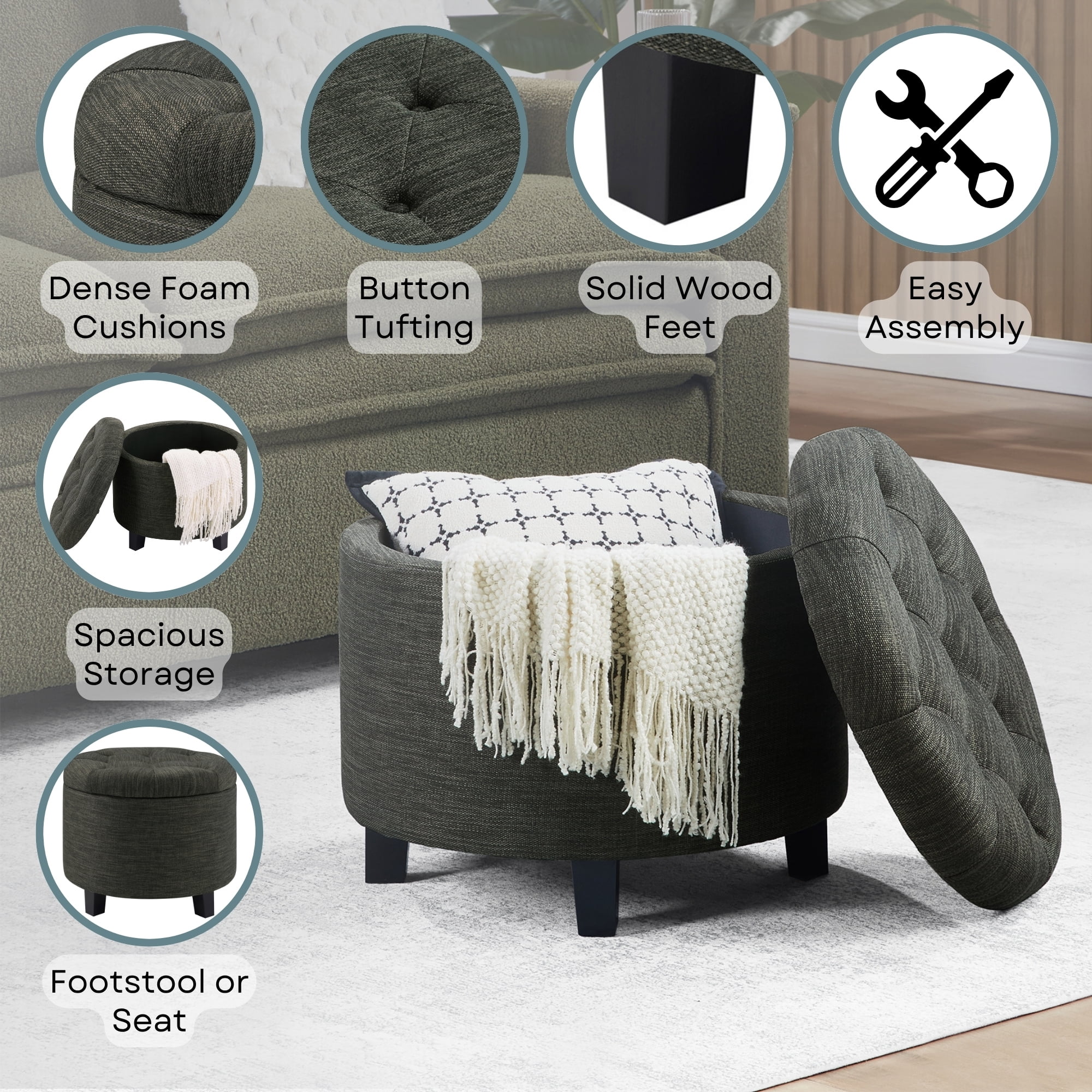 Convenience Concepts Designs4Comfort Round Ottoman in Gray Fabric