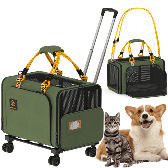 PAWZIDEA Expandable Large Pet Carrier with Wheels, 24x16x16 in Rolling Cat Carrier for 2–4 Cats up 55lb, Soft-Sided Collapsible Small Medium Dog Crate for Car Travel, Telescopic Handle