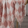 thumbnail image 2 of Chezmoi Collection Kendall Checkered Cotton Muslin Throw Blanket 50" W x 60" L, Knit Woven Gauze Blanket with Frayed Tassels for Bed Couch Travel Lightweight Breathable Cozy Throw, Dusty Rose/White, 2 of 6