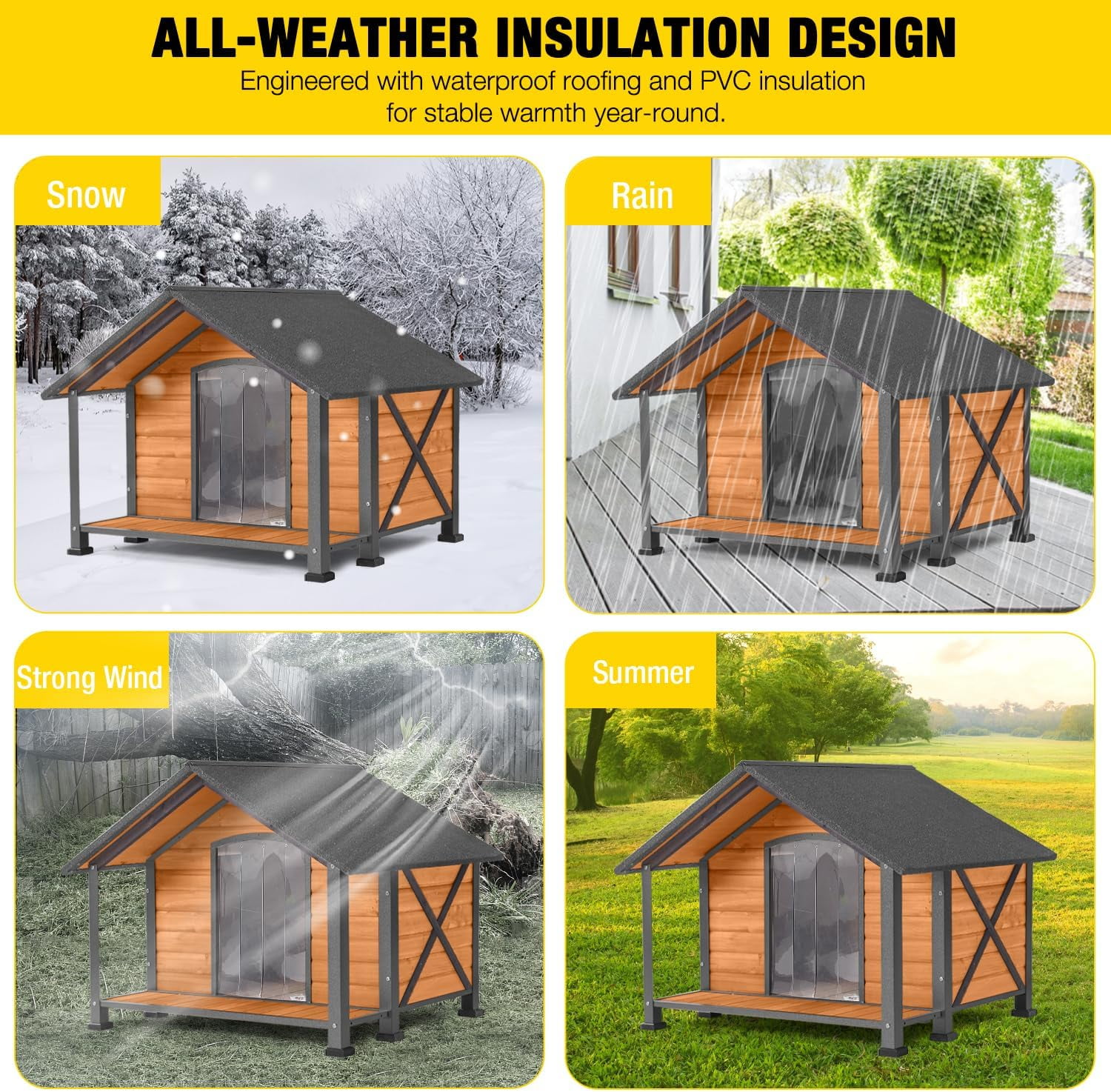 AIVITUVIN Heated Outdoor Dog House - Weatherproof Insulated Wooden Shelter with Iron Frame, Large Porch for Medium & Large Dogs, Indoor/Outdoor Kennel