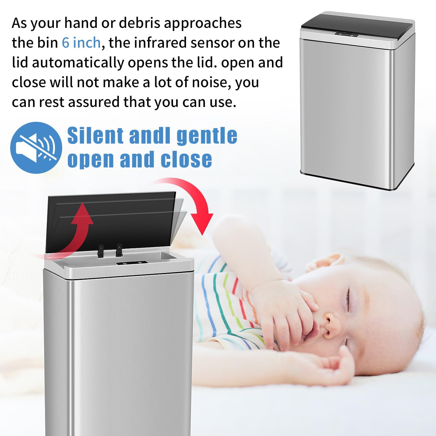 Dkelincs 13 Gallon Stainless Steel Kitchen Trash Can Automatic Touch Free Garbage Can with Lid, Silver