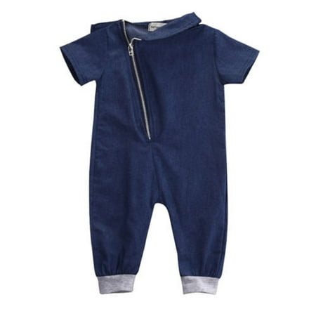 

Opperiaya Newborn Baby Denim Jumpsuits Short Sleeve Turndown Collar Zipper Romper