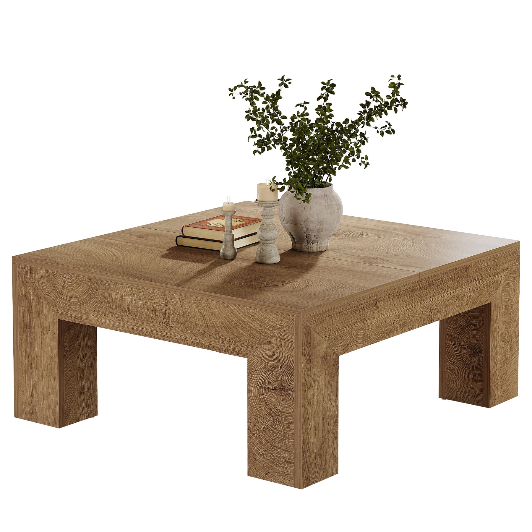 Fnova 39.4" Square Coffee Table, Farmhouse Wood Accent Center Cocktail Table with Sturdy Wooden Legs for Living Room, Easy Assembly