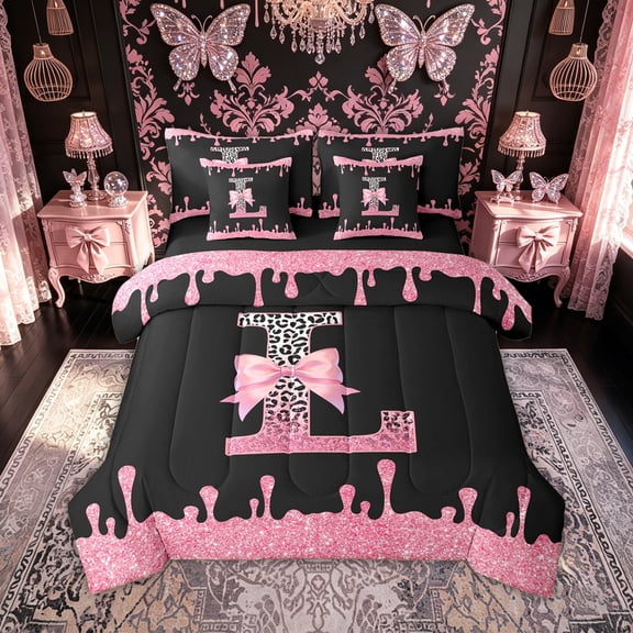 meiyoeat Leopard Print Letter L Twin Bedding for Girls Kids, Bow Initial Bedding Comforter Set for Bedroom, Pink, Black Reversible, 7-Piece