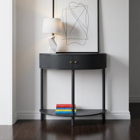 GOMYHOME Half Moon Console Table with Storage Cabinet & Shelf, Fluted Front, Black