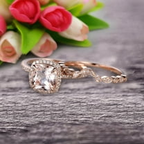 Milgrain 1.75 Carat Cushion Cut Morganite Wedding Set Diamond Bridal Ring 10k Rose Gold Curved Matching Band Art Deco
