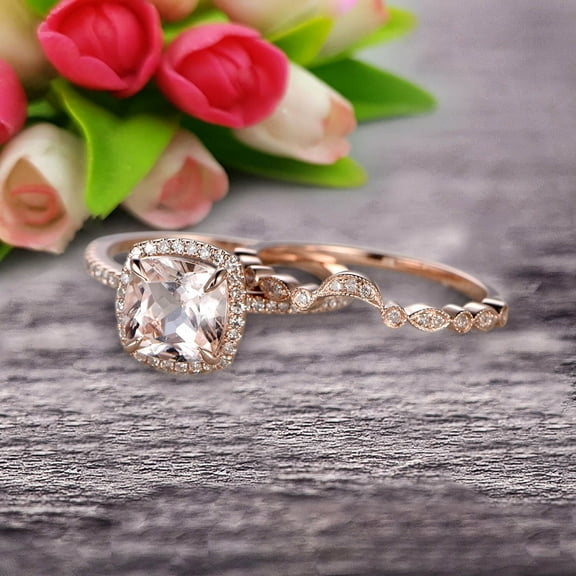 Milgrain 1.75 Carat Cushion Cut Morganite Wedding Set Diamond Bridal Ring 10k Rose Gold Curved Matching Band Art Deco