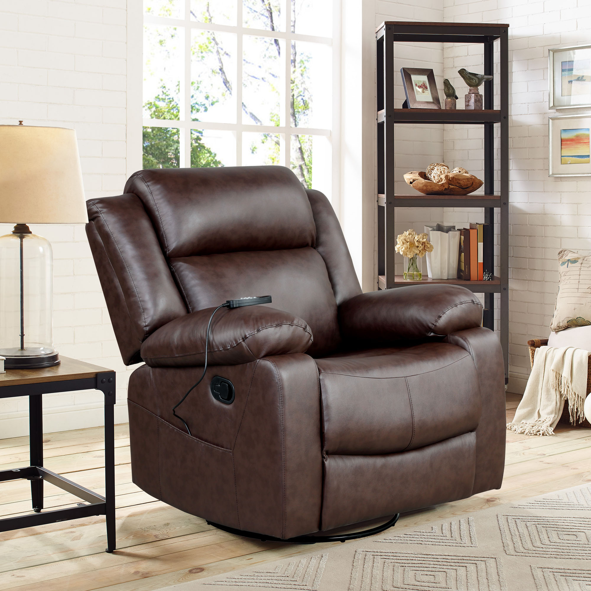 Elm & Oak Maxima Standard Manual Swivel Recliner with Massage and Heat, Brown Faux Leather - image 2 of 13