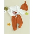 thumbnail image 4 of Elippeo Baby Girls Boys Thanksgiving Outfits 3M 6M 9M 12M Letter Turkey Embroidery Long Sleeve Rompers Long Pants Hat 3Pcs Fall Clothes Set, 4 of 10