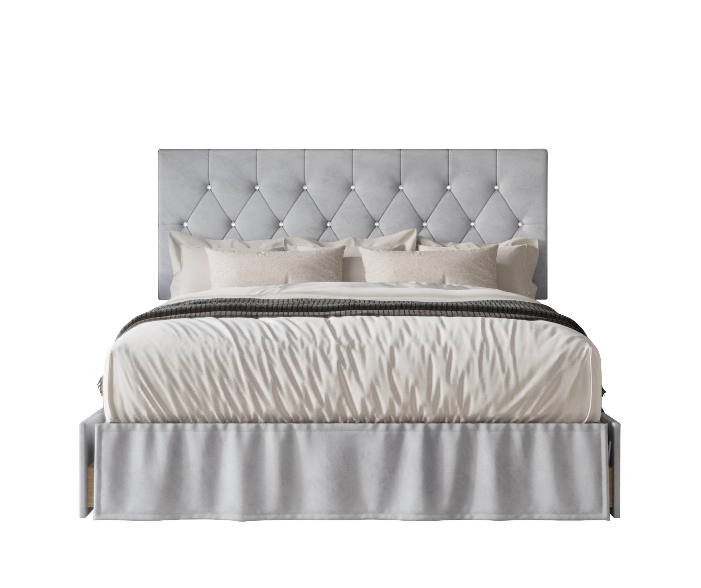Home Design Jovita Queen Tufted Upholstered Storage Panel Bed Frame with Diamond Button Tufting and Four Drawers, Silver Gray, Easy Assembly