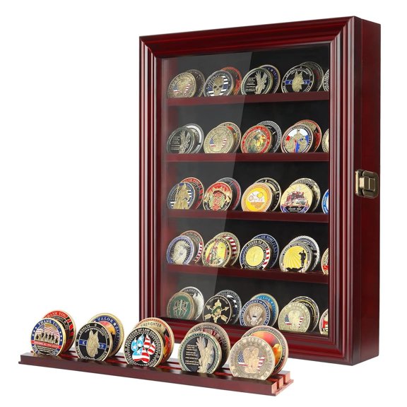 Atsknsk Military Challenge Coin display Case with HD Toughened Glass and Hanging Mount, Coin display , Rack with Removable 2 Grooves Shelves, Mahogany Finish