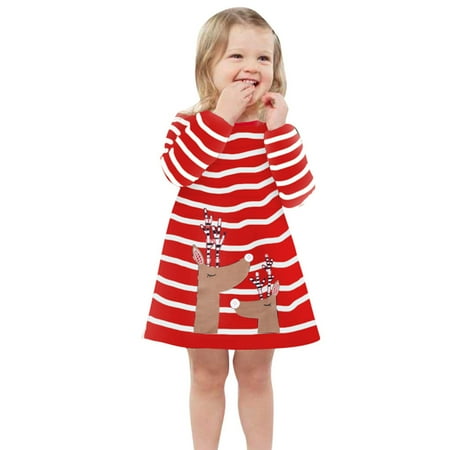 

LIhncine Girls Dress Toddler Kids Baby Girls Deer Striped Princess Dress Christmas Outfits Clothes Toddler Girls Dresses(Red 4-5 Years)
