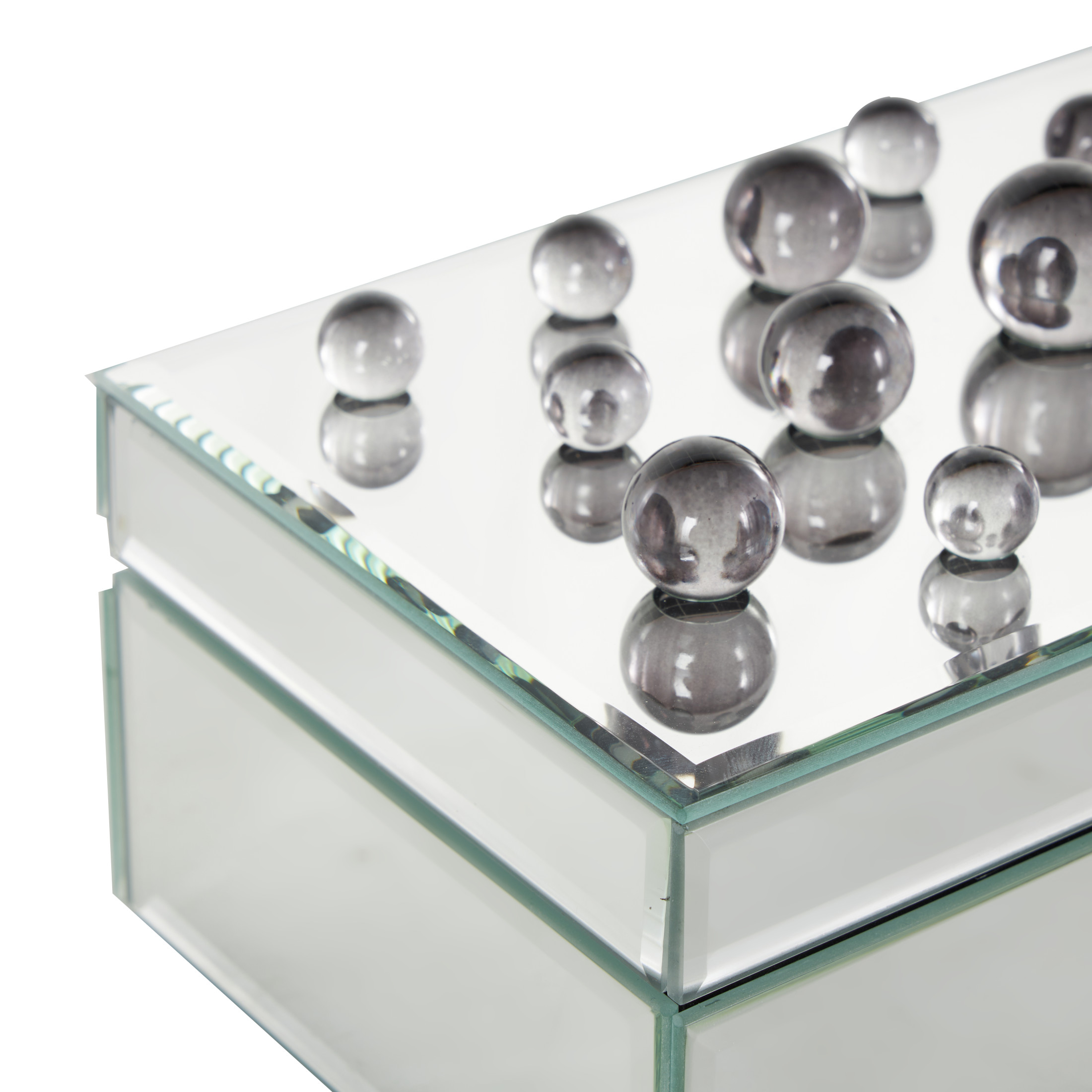 DecMode Mirrored Silver Glass Decorative Jewelry Box with Black Bubble Textured Balls