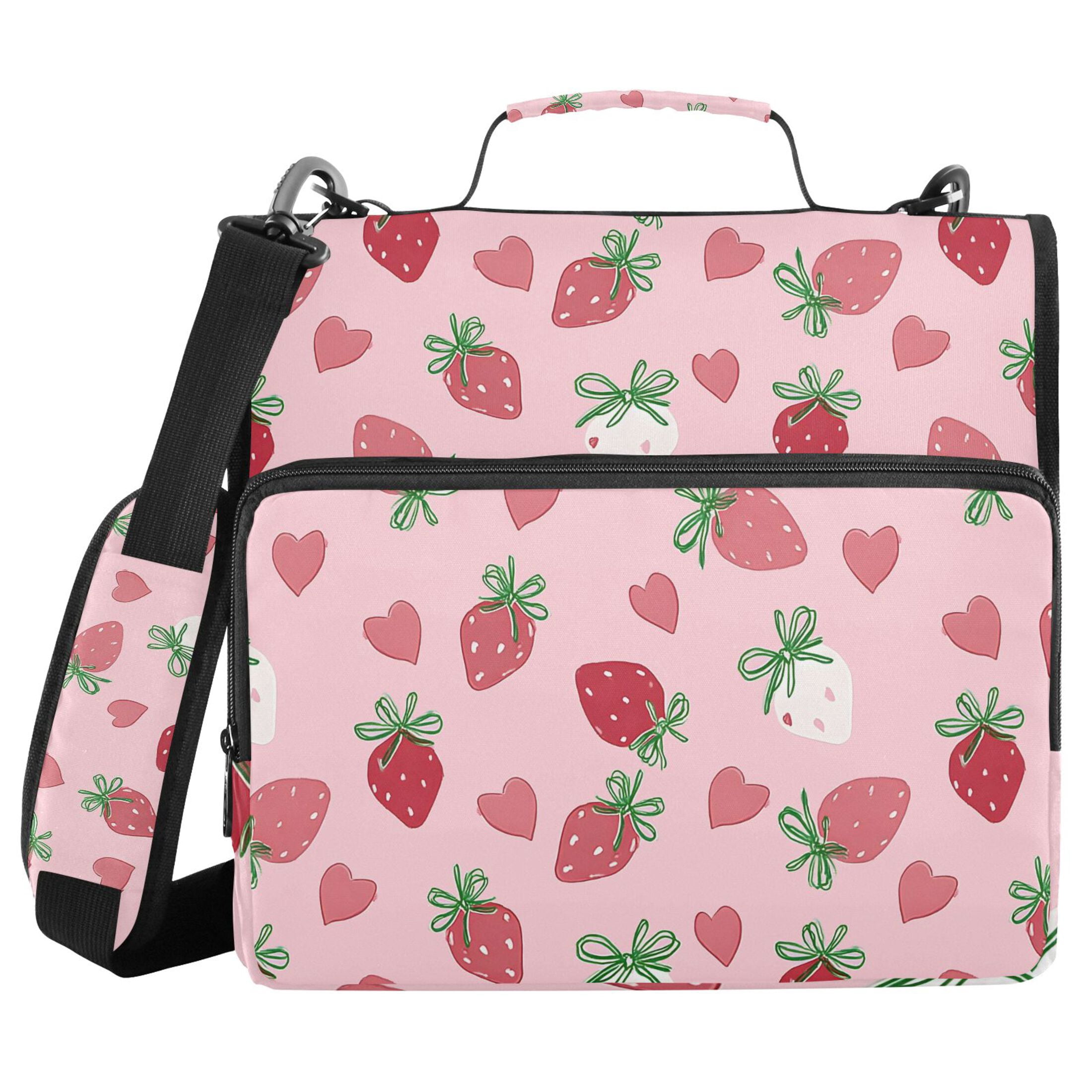 Zipper Binder Strawberry Bow Heart 1.5 Inch Binder Folder Bag with Shoulder Strap and Handle