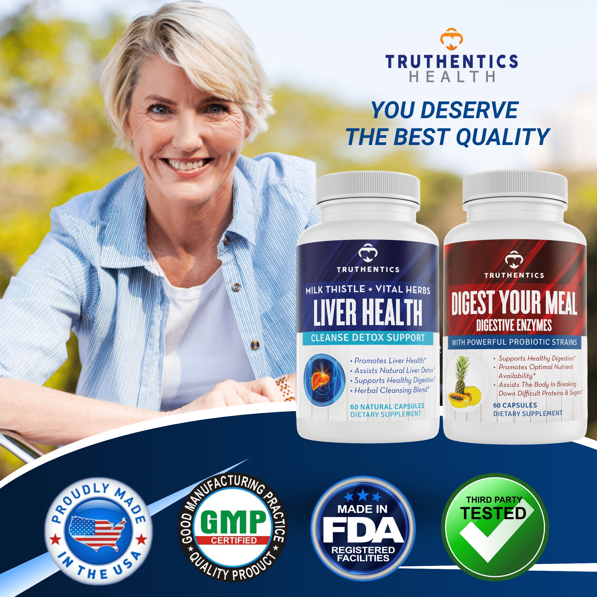 Truthentics Liver Cleanse Detox Support Plus Digestive Enzymes Probiotic Bundle - 60 Capsules Each
