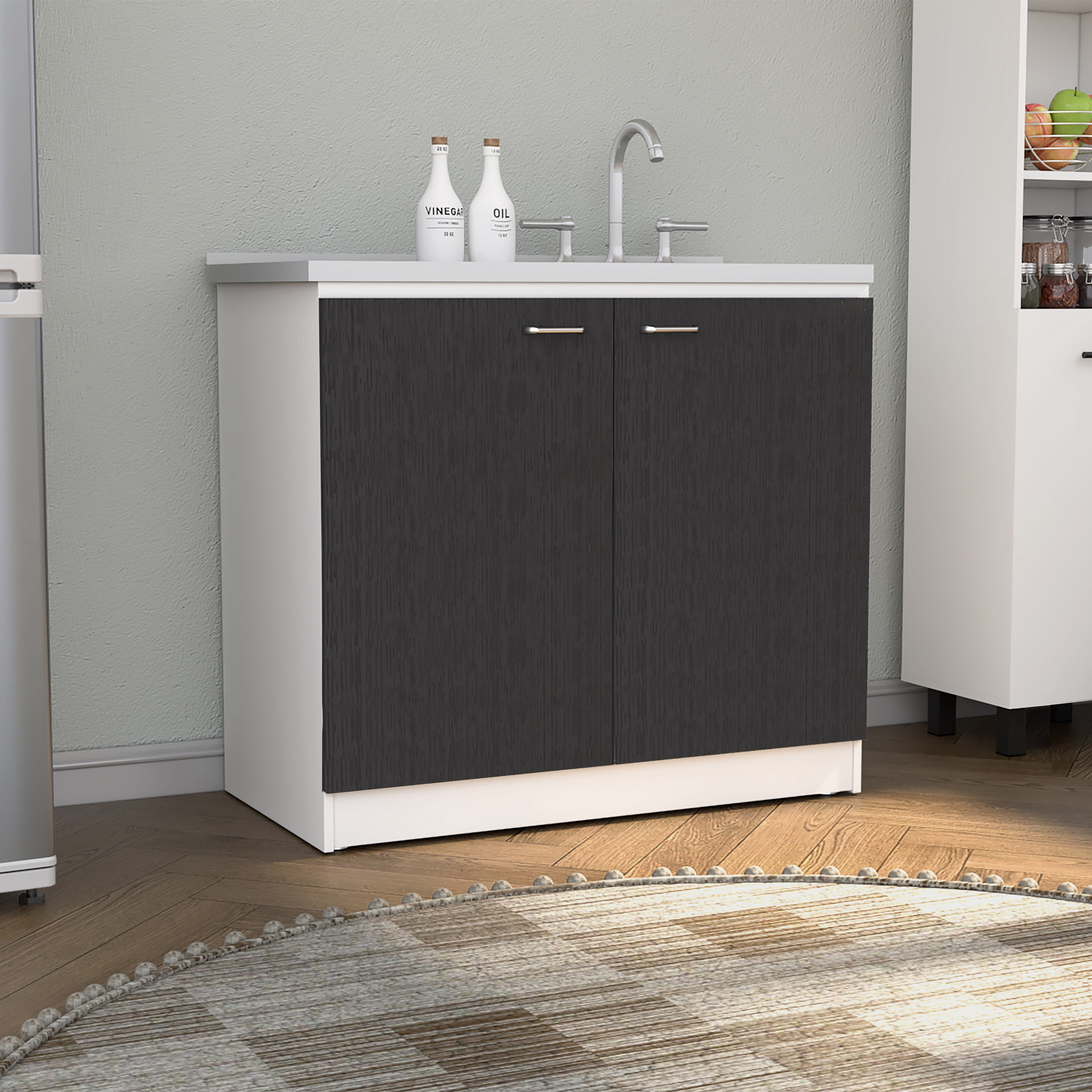 Izzovium Utility Sink Vernal Kitchen Cabinet with Aluminum Sink, 35.4"H x 39.3"W x 19.7"D, Two Door Storage & Shelves, White/Black Multicolor