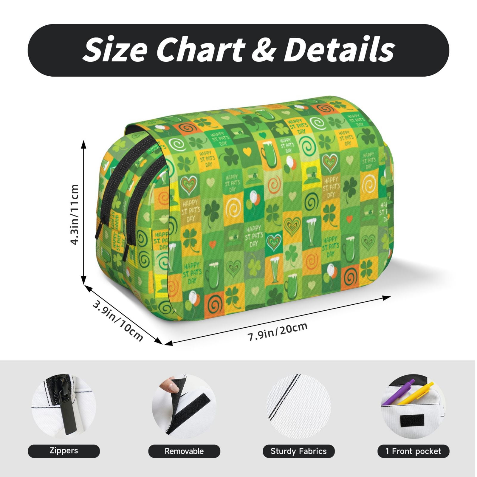 Rateoe St. Patrick's day Pattern Double Clamshell Pen Case, Storage Organizer with Two Zipper Compartments– Holds Up to 50 Pencils & Pens