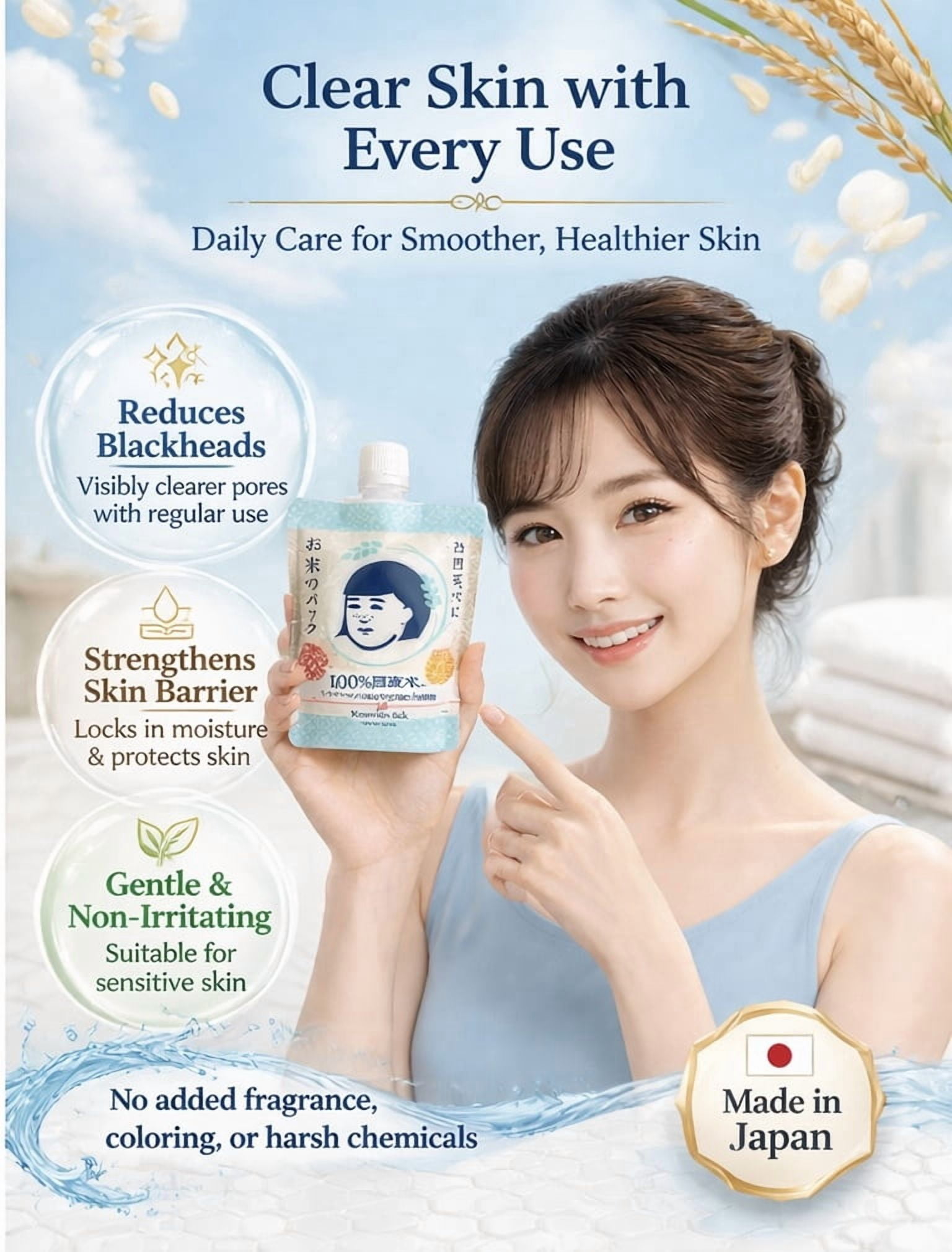Keana Japanese Rice Pore Care Hydrating Wash-Off Mask with Rice Extract Skin Smoothing Moisturizing Facial Mask Authentic Japanese Skincare 170g