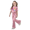 thumbnail image 3 of Rhuody Ensembles pour Filles Rentrée des Classes Imprimés de Dessins Animés Ensemble de Survêtement à Manches Courtes Hauts à Col Rond Pantalons Évasés Vêtements d'Été Décontractés Rose 8-9 Ans, 3 of 5