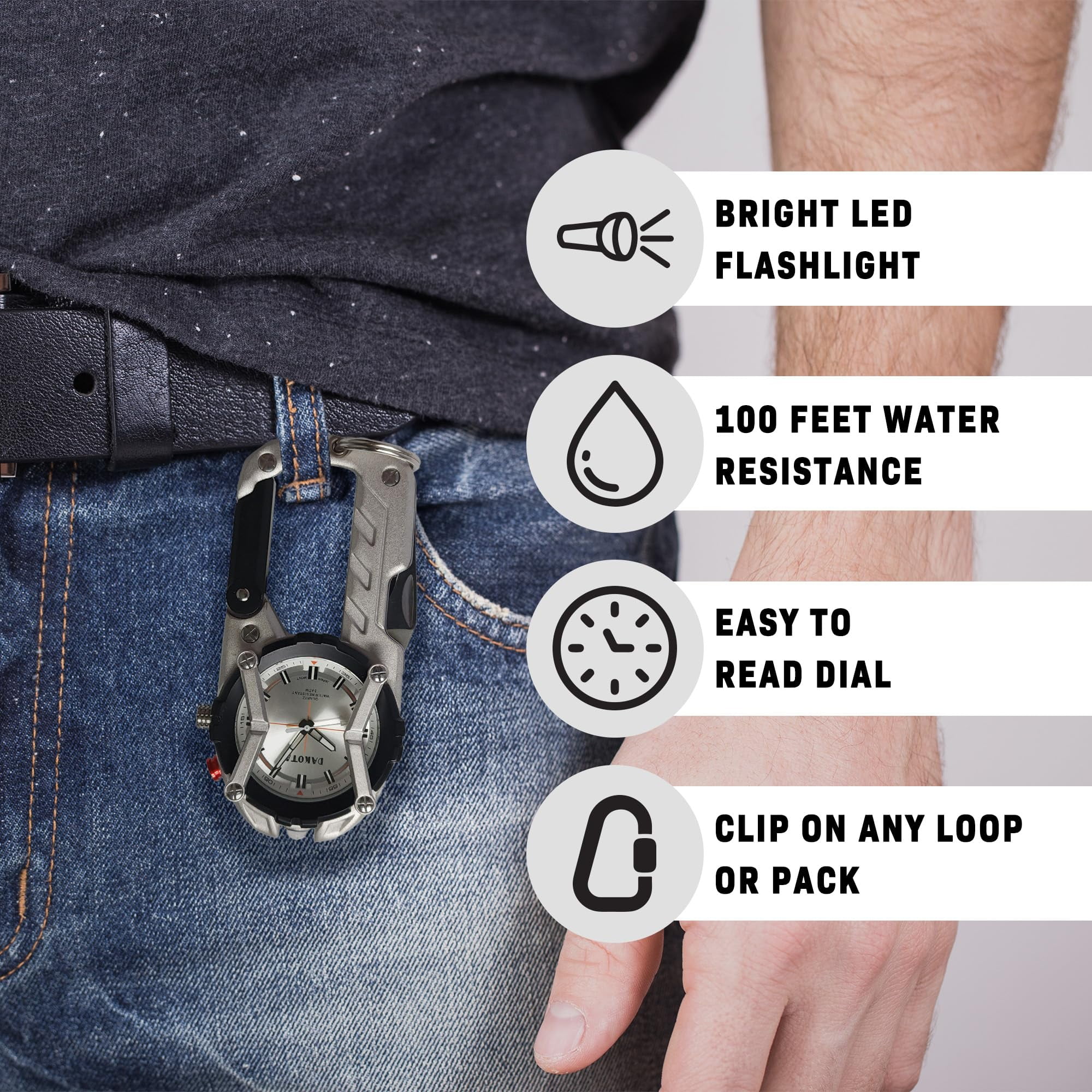 Multitool Clip Watch for Men – Silver | 100ft Water Resistant Clip-On Watch with LED Light, Bottle Opener, Screwdriver & Carabiner – Stainless Steel Outdoor Work & Camping Tool
