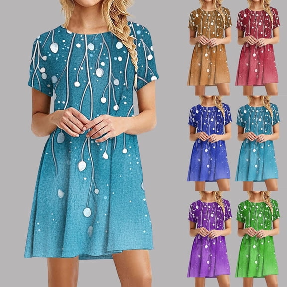 Dress Sundresses Swimsuit Coverup Womens Casual Printed Short Sleeve Round Neck Ladies Dress Gold Xxl