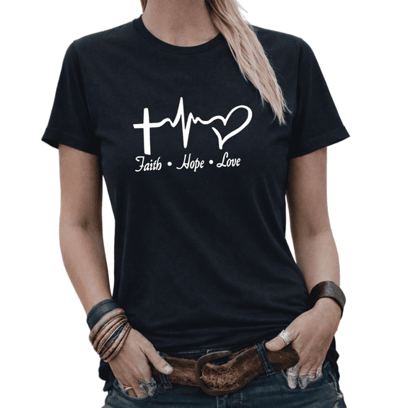 Giffimy Christian Heartbeat Womens Print Tshirt Casual Faith Graphic Tees Black S-5XL Tops