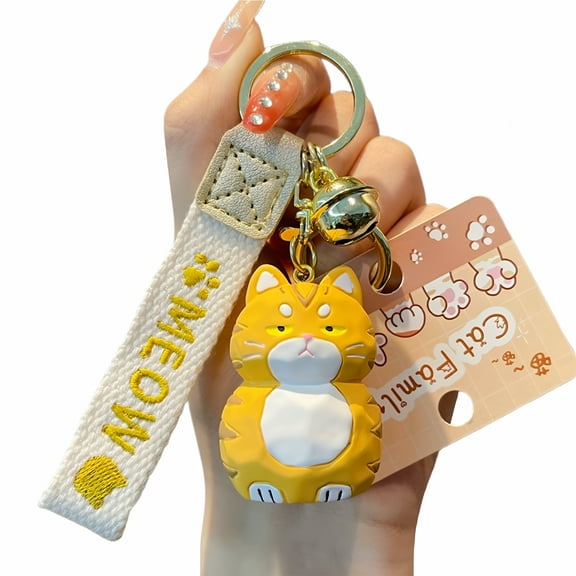 DESIGNICE Cute Resin Cat Keychain with Bell 3D Doll Letter Strap Women Girls Gift Cartoon Animal Kitten Car Key Ring Pendant Backpack Decoration