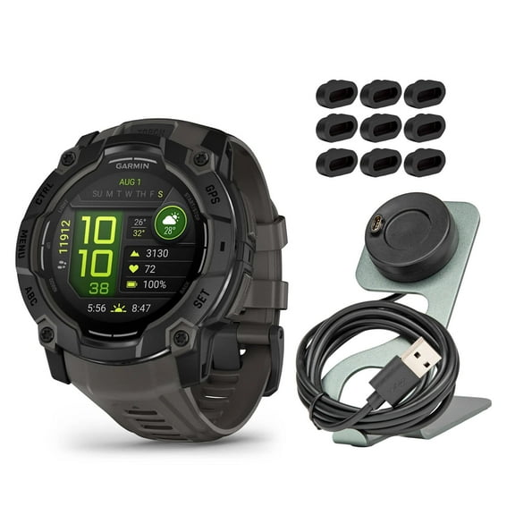 Garmin Instinct 3 50mm AMOLED GPS Smartwatch (Black and Charcoal Band) Bundle with Focus Camera Portable Charger Stand and Focus Charger Port Protectors (9-Pack) (3 Items)