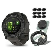 Garmin Instinct 3 50mm AMOLED GPS Smartwatch (Black and Charcoal Band) Bundle with Focus Camera Portable Charger Stand and Focus Charger Port Protectors (9-Pack) (3 Items)